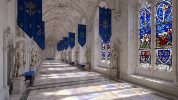 Noble Arthurian gallery with white stone architecture, marble walkways, blue banners, and sunlight through stained glass