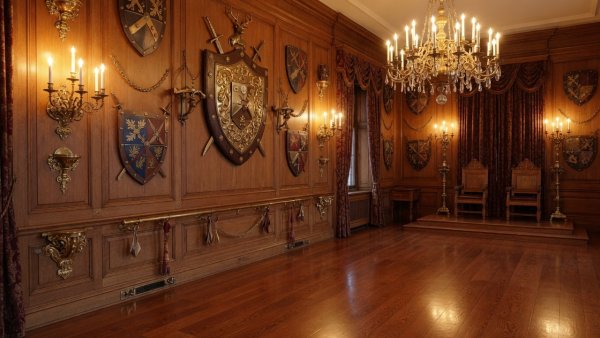 Elegant ceremonial chamber with polished oak floors, royal shields, brass decorations, and warm lighting