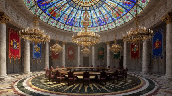 Magnificent circular Round Table hall with marble columns, stained-glass skylights, royal banners, and golden chandeliers